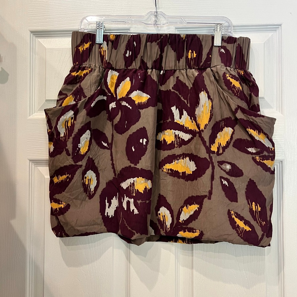 Anthropologie Dolce Vita 100% Silk Mini Skirt Floral Ikat Plum Yellow L Boho Mod